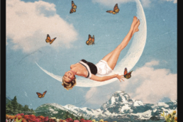 a pin up girl sprawled across a moon in the clouds